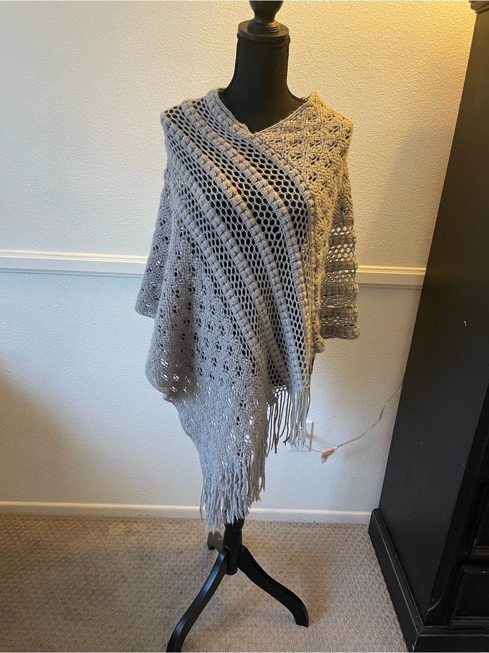 Light Gray Crocheted Fringe Poncho